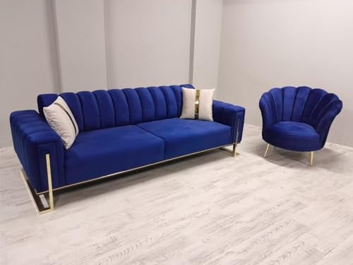 Generisch Verona Sofa-Garnitur 3-3-1 Samtsofa Schlafsofa Polster Metallfüße Gold, 226014381491