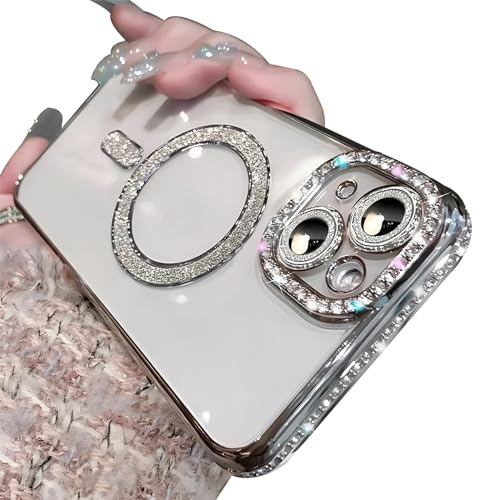 Tybiky Kompatibel mit iPhone 12 Handyhülle, Diamant Glitter Pailletten Mag-Safe Magnetische Transparent Schutzhülle, Weiche TPU Dünn Stoßfest Abdeckung Glänzend Strass Bumper Cover, Silber