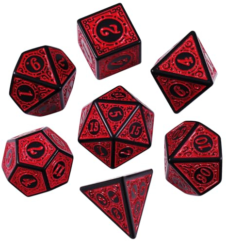 ORUZA 7 Stück DND Würfel Set Gravurmuster Polyedrische DND Würfel Set Rote D&D Würfel Set für Dungeon and Dragons MTG RPG Tischspiele Rollenspiel Würfel