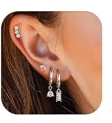 Morfetto 4 Paar 14K Vergoldete Hypoallergene Ohrring-Sets für Damen – Zarte Ohrstecker, Huggie-Creolen, Kleine Hoops und Hängende Knorpelohrringe für Mehrere PiercingsWeißes Gold, Baguette Cz