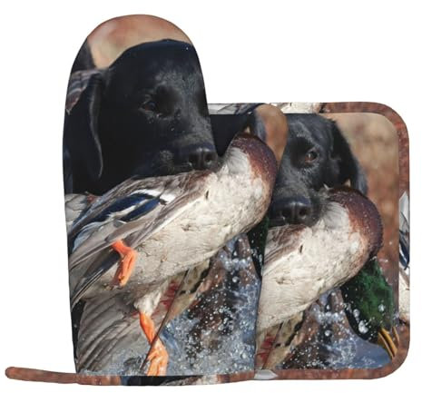 Ente Jagd Labrador Hund Cool Schwarz Welpen Tier, Ofenhandschuhe und Topflappen-Set, hitzebeständige, rutschfeste Küchen-Ofenhandschuhe aus Silikon
