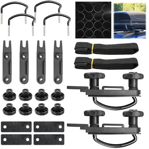 Puedno 4 Stück Dachbox Befestigung U Bügel, Universal Dachbox Halterung Befestigung, Auto Van Montage Fitting, U-Bügel Installationszubehör mit 8 Sicherungsmuttern 2 Bandagen Punktaufkleber