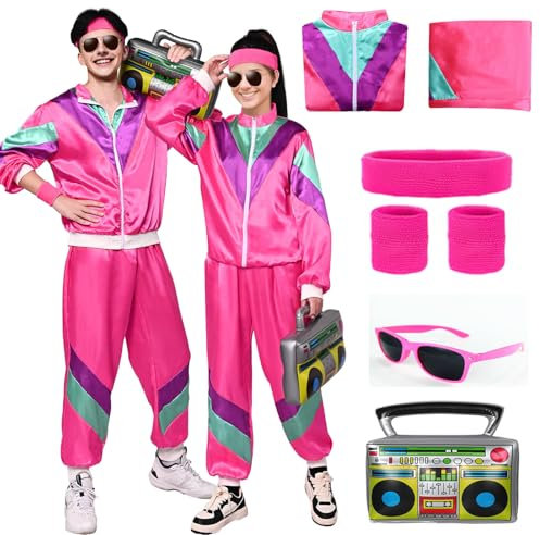 HarnyLoom 80er 90er Outfit Jahre Damen Herren Kostüm Retro Trainingsanzug Disco Verkleidung mit Stirnband Armbänder Kostüm für Halloween Karneval Party (Rose, L)