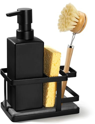 GMISUN Spülbecken Organizer, Spülmittelspender mit Schwammhalter für Küche, 350 ml Seifenspender Schwarz aus Glas, Spüle Putzmittel Organizer mit Sofort trocknendes Tablett, abnehmbar Spülorganizer