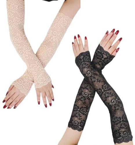 SULIUDAJI 2 Paar Armstulpen, Damen Fingerlose Handschuhe, Lange Netz Spitze 1920Er Jahre Vintage Tee Party Accessoires für Braut Hochzeit Abend Kostüm Mädchen