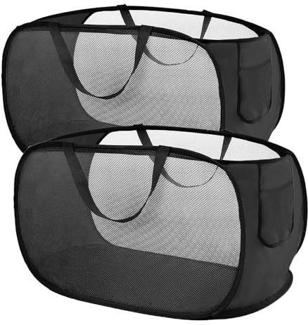xiaoxiaozhijia 2 Stück Pop Up Wäschekorb Faltbarer,36 * 36 * 58 cm,Wäschekorb Klappbar Mit Henkel,Netzwaschbeutel für Kinderzimmer College Dorm Camping Und Reisen (Black)