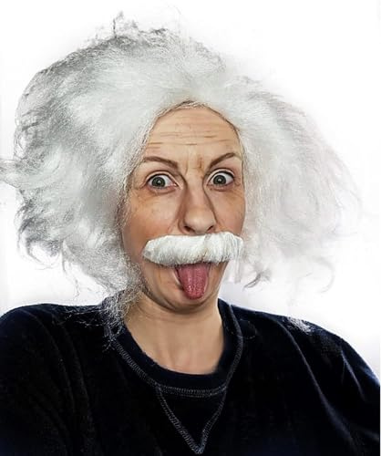 QUEENTAS Perücke Herren Weiß Verrückter Professor Wissenschaftler Perücke mit Schnurrbart Augenbrauen für Halloween Fasching Party Cosplay (Weiß)