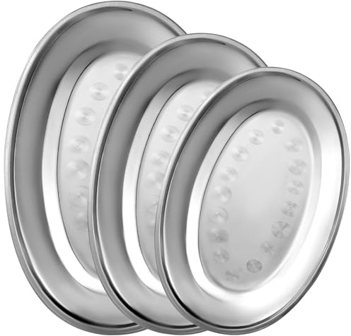 MAQUITA 3 Pcs Stainless Steel Serving Tray Large Oval Platter Set,Oval Serving Set Heavy Duty Metal Serving Tray Large Mirror Polish Sizzle Plate,12 in, 14 in, 16 in