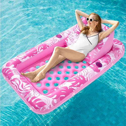 Sloosh 72x38/180x95 cm Luftmatratzte Pool für Erwachsene, aufblasbarer Sonnenpool mit Getränkehaltern, verstellbare Rückenlehne, Luftmatratze Wasser für Erwachsene, Sommerspaß, Wasserparty-Rosa
