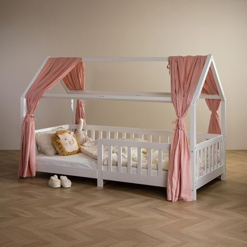 Lot de 2 Rideaux de lit NENA en Mousseline 100% Coton 125 x 310 cm, pour Lits cabanes Enfants, Tissu léger et Doux, Rose