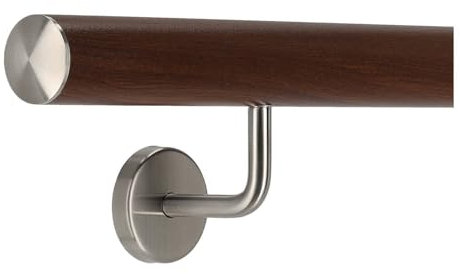 TIBU Handlauf Aluminium Nussbaum Holz Dekor 30-600cm Wandhandlauf Treppe gewinkelte Edelstahlhalter, Länge 260 cm mit 3 Halter und leicht gewölbte Kappe