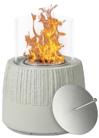 VOSSMOON Tabletop Fire Pit, Bioethanol Table Top Fire Bowl, Portable Round Fireplace indoor or Outdoor, Concrete Table Top Patio Heater Ethanol Burner with Tempered Glass for Potluck or Camping, Gray