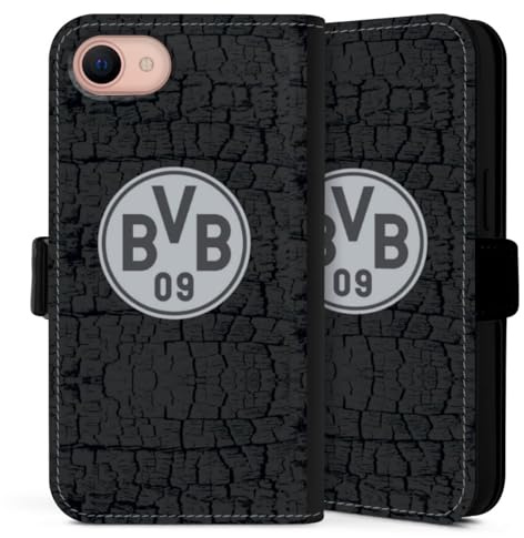 Klapphülle kompatibel mit Apple iPhone 16 e Handyhülle aus Kunst Leder schwarz Flip Case BVB Borussia Dortmund Trikot