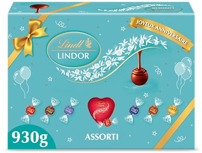 Lindt - Boîte Cadeau LINDOR - Fourreau Anniversaire - Assortiment de Chocolat au Lait, Noir 45%, Blanc, Noisette, Cœur Blanc, Double Chocolat - Cœur Fondant, 930g
