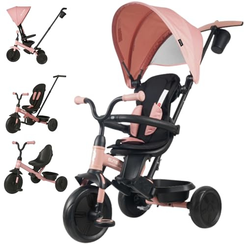 Qplay Elite Platinum Evolutionäres Dreirad mit um 360° drehbarem Sitz | für Kinder von 10 bis 36 Monaten - elterliche Kontrolle, XL-Verdeck, Fußstütze und Metallrahmen - Farben Grau, Grün und Rosa