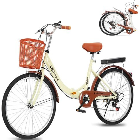 24 Zoll faltbares Vintage-Retro-Citybike für Männer und Frauen zum Radfahren | 6-Gang-City Bike | Autokorb und Gepäckträger | Beach Cruiser-Fahrrad für Frauen | Ideal für den Pendelverkehr