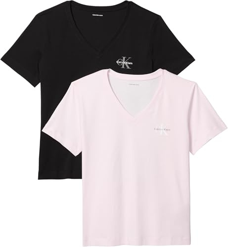 Calvin Klein Damen 2er Pack T-Shirts Kurzarm Logo Tee mit V-Ausschnitt, Mehrfarbig (Cradle Pink/Black), 2XL