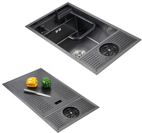 Évier de cuisine utilitaire, évier de bar moderne à encastrer, petite cuisine noire avec robinet caché, évier simple, montage sous plan/sur plan, style campagnard, lave-gobelet, distributeur