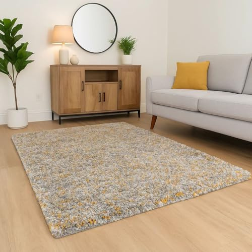 Extra Large Yellow White Grey Spot Pattern Shaggy Rug Soft Cushioned Fibres for Living Room Bedroom 240cm x 330cm (7ft 10 x 10ft 10)