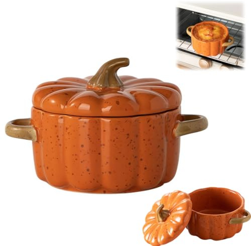 Set di ciotole a forma di zucca con coperchio e manico, 200 ml, pirottini in ceramica per la cottura, mini teglia a forma di zucca, decorazione da tavola per zuppe e snack, adatta al forno
