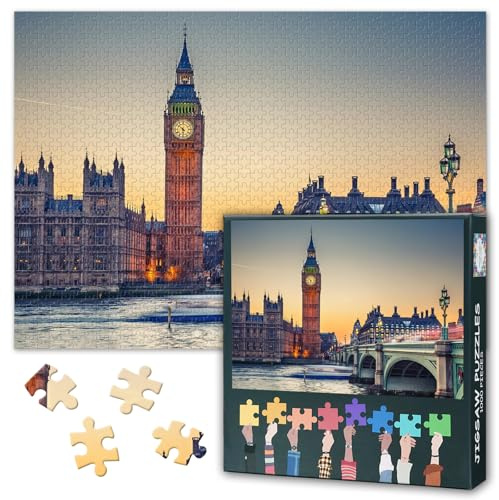 1000 Teile Puzzle für Erwachsene London England Big Ben Sonnenuntergang Brücke Fluss Themse Landschaft Stadtpanorama Fotografie Wandkunst Zuhause Deko 27,5 x 19,7 Zoll