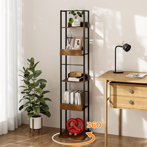 Rebonique Drehbares Bücherregal,5 Ebenen Standregal,360 Grad Bücherregal, Holz Metall Drehbar Aufbewahrungsregal, Drehregal Dekoregal Lagerregal,für Wohnzimmer, Schlafzimmer, Heimbüro (Vintagebraun)