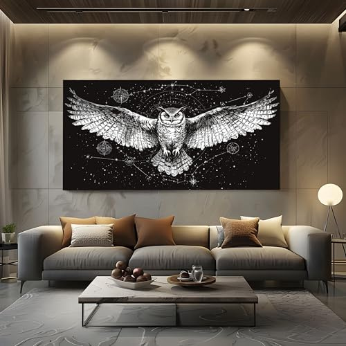 Bilder für die Wand Mystisch Eule Leinwandbilder Groß für Schlafzimmer | Fantasie Sternenhimmel Wandbild für Wohnzimmer, XXL Kunstdruck auf Leinwand Mythos Vogel 80x160cm Wanddeko Kunst