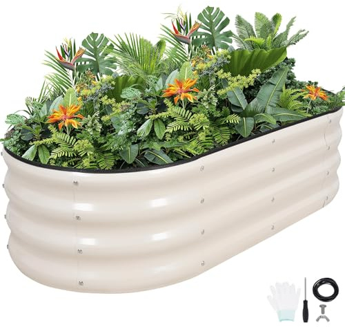 Raised Garden Beds - 120x60x30CM Galvanized Planter Boxes Kit with Protective Tape & Gloves & Tools | Oval Metal Outdoor Raised Bed for Gardening Vegetables, Fruits, Flowers, Herbs, White