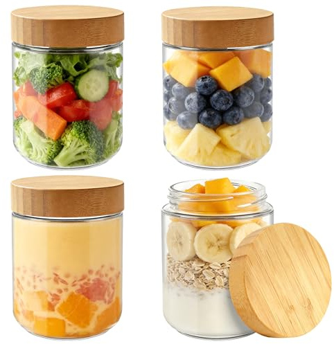 MOXYOY 4 Pack Overnight Oats Jar with Lids, Glass Jars, Glass Container Jars, Breakfast Pots, Pickling Jars, 500ml 16 oz Regular Mouth Canning Jars for Jam, Liquid Foods and Dry Foods