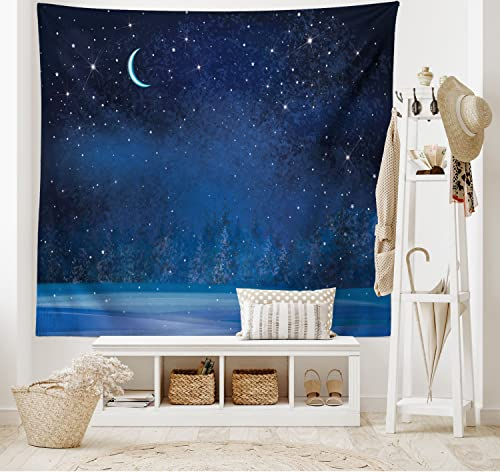 ABAKUHAUS Mond Wandteppich, Winter Saison Wunderland Sternenhimmel Nacht Wald Landschaft Landschaft drucken, aus Weiches Mikrofaser Stoff Wand Dekoration Für Schlafzimmer, 230 x 140 cm, Dunkelblau