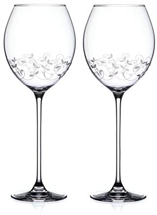 DIAMANTE Red Wine Crystal Glasses Pair with Intricate Filigree Etched Design - Set of 2 Crystal Glasses in Gift Box