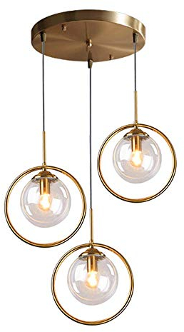 HJXDtech Suspension Lustre Industrielle Vintage, Plafonnier Lampe en Laiton avec Abat-jour en Verre,Luminaire Suspendu loft Moderne pour Cuisine Chambre Salon (3 Lumières-Clair)