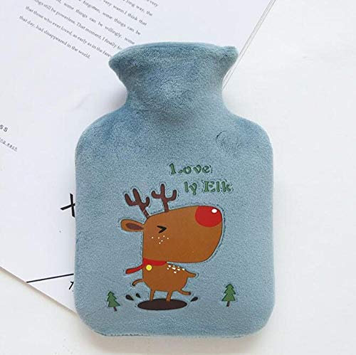 Uteruik Klassische Gummi-Wärmflasche mit Rentier-Muster, kurzer, weicher Fleece-Bezug, 250 ml, 1 Set