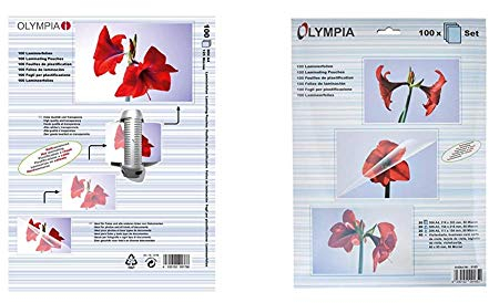 Olympia 9176 Laminierfolien, 100 Stück & Olympia 9165, Laminierfolien, verschiedene Größen im Set, Sortimentspack, 80 mic, 100 Stück, glänzend/transparent, geeignet für alle Heißlaminiergeräte