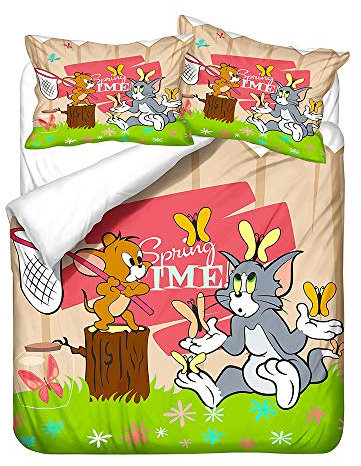NICHIYO Tom and Jerry Bettwäsche-Set – Bettbezug und Kissenbezug, Mikrofaser, 3D-Digitaldruck, dreiteilige Bettwäsche (16, Einzelbett 135 x 200 cm)