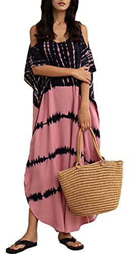 Bsubseach Robe de Plage Caftan Femme Grande Taille Kaftan Maxi Longue Tunique Bohème Boho Épaule Froide Djellaba Eté Boubou Kimono Pareo Noir Rose