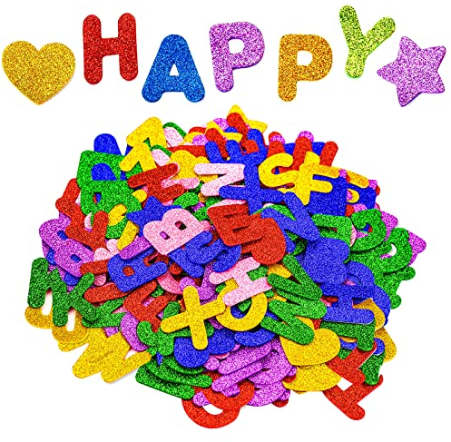 MINSHUXI 168 Stück Glitter Schaumstoff Aufkleber Buchstaben Moosgummi Buchstaben Selbstklebende Sticker Farben Selbstklebend Stern und Herz Sticker für DIY Handwerk Dekorieren (Farbe zufällig)