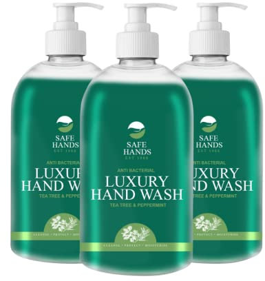 Safe Hands | Luxury Hand Wash | Tea Tree & Peppermint | 3 x 500ml | Moisturising hand soap liquid | Antibacterial Hand Soap | Removes 99% of Bacteria | Kind to Skin