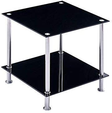 NICEME 2-Tier Glass Small Side Table, Square Coffee Centre End Table for Living Room, Hallway, Reception (Black)