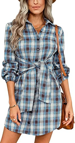 MorFansi Robe chemise à carreaux élégante à boutons pour femme - Col en V - Manches longues - Robe décontractée avec ceinture, bleu, S