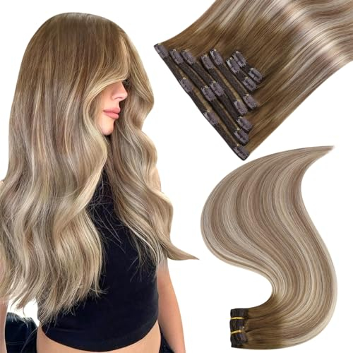 Easyouth Clip in Extensions Echthaar 50cm Ombre Echthaar Extensions Clip Blond Braun Echthaar Clip in Extensions Dunkelbraun Balayage Hellbraun Mittelblond Voller Kopf 120g 7Pcs 50 cm #3/8/22
