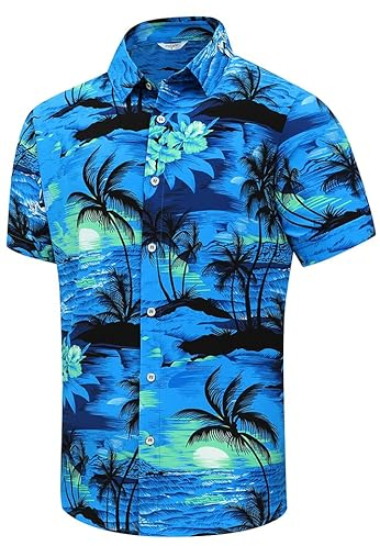 SheLucki Hawaiihemd für Herren, Unisex Sommer Strand Casual Kurzarm Button Down Shirts Bedruckte Palmshadow Kleidung, Palme blau, XL