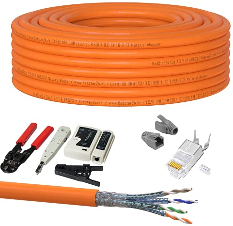15m CAT 7 Kabel Verlegekabel Netzwerkkabel Crimpzange RJ45 Zange/Kabeltester/Kabelmesser / 10x Netzwerkstecker RJ45 Stecker LAN Halogenfrei Installationskabel CAT7 Kupfer Netzwerk Werkzeug SET