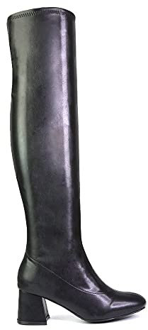 Womens Over The Knee High Boots Ladies Low Heel Square Toe Stretch Calf Black Faux Leather Thigh High Size 5