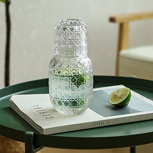 BestAlice Carafe à eau de chevet et verre - 450 ml - Table de chevet vintage en verre avec tasse - Pichet à eau transparent pour chambre à coucher, salle de bain - Transparent