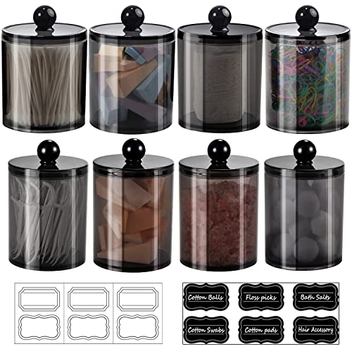 Qtip Spender, Apothekergläser, Badezimmer-Set mit Etiketten – schwarzes Kunststoff-Qtip-Halter-Aufbewahrungs-Set für Wattebälle, Wattestäbchen, Baumwoll-Runden, Zahnseide-Picks, 8 ml, 8 ml )