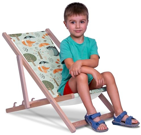 DreamRoots Kinder Liegestuhl Holz Gr. S, Autumn Forest | Klappbarer Campingstuhl faltbar, für Garten & Strand, bis 130 kg, waschbarer Bezug, 100% Polyester, UV-beständig, Kinderliege