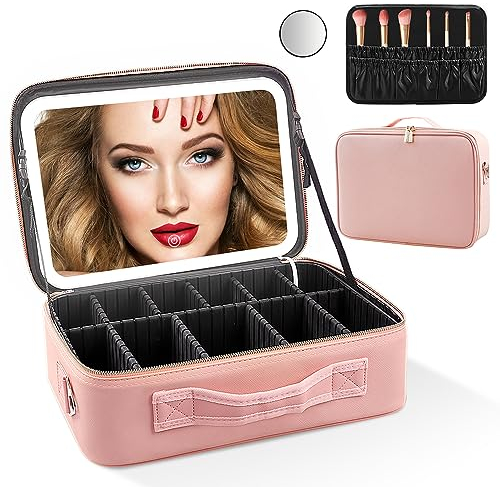 [Schminktasche Groß] TopDirect Kosmetiktasche Damen mit Groß Beleuchtetem Spiegel, Kulturbeutel Organizer Kosmetiktasche Reise Make up Tasche mit Schminkspiegel, Kosmetikkoffer mit 10x Lupe