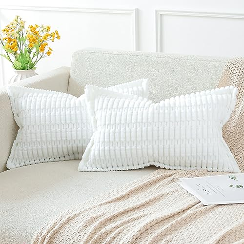 Artscope 2er Set Kordsamt Kissenbezüge Moderne Kissenhüllen Dekorative Sofakissen Dekokissen Weicher Zierkissenbezug für Wohnzimmer Sofa Schlafzimmer Boho Dekor Reines Weiß, 30x50cm