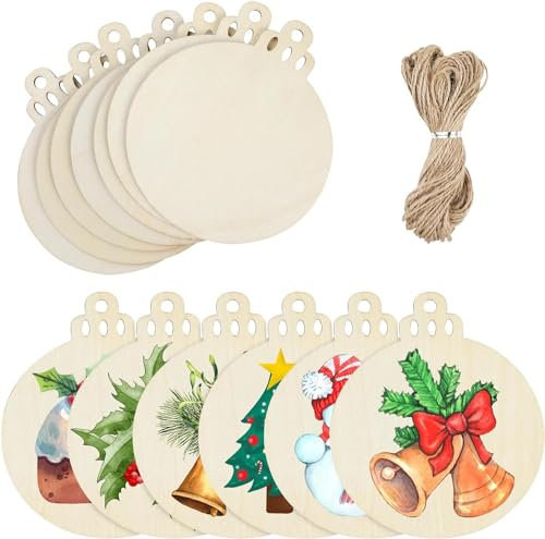FINGOOO 20Pcs Christmas Wooden Baubles, Wood Slices Hanging Ornaments Unfinished Hanging Decoration for Xmas Tree Decoration